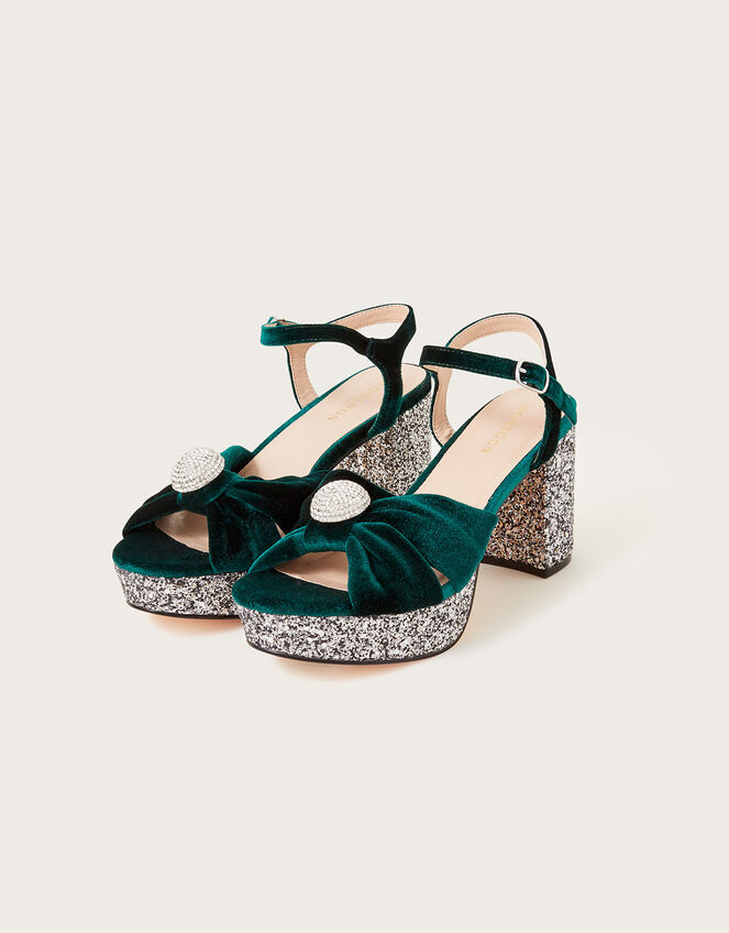 Velvet Glitter Platform Sandals, Green (GREEN), large