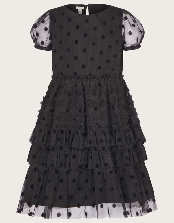 Spot Flock Mesh Tier Dress, Black (BLACK), large