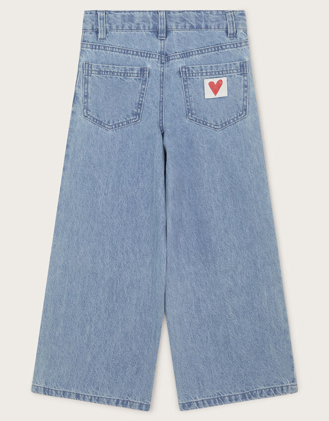 Heart Embroidered Wide Leg Jeans, Blue (BLUE), large