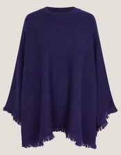 Fay Fringe Trim Poncho , Blue (NAVY), large