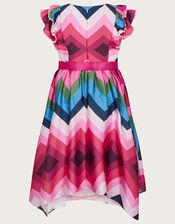 Zig-Zag Stripe Satin Frill Dress, Multi (MULTI), large