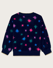 Star Print Velour Long Sleeve Top, Blue (NAVY), large