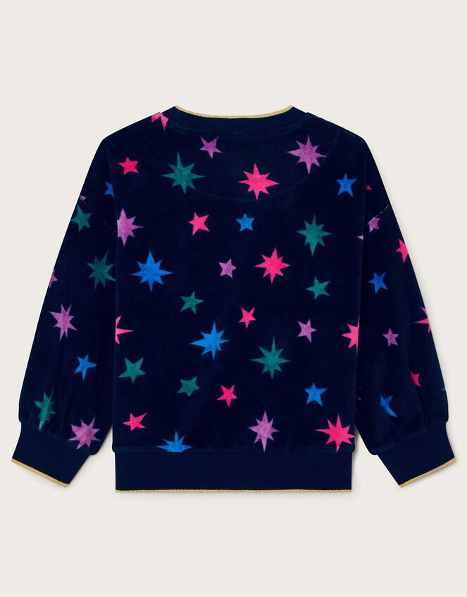 Star Print Velour Long Sleeve Top, Blue (NAVY), large