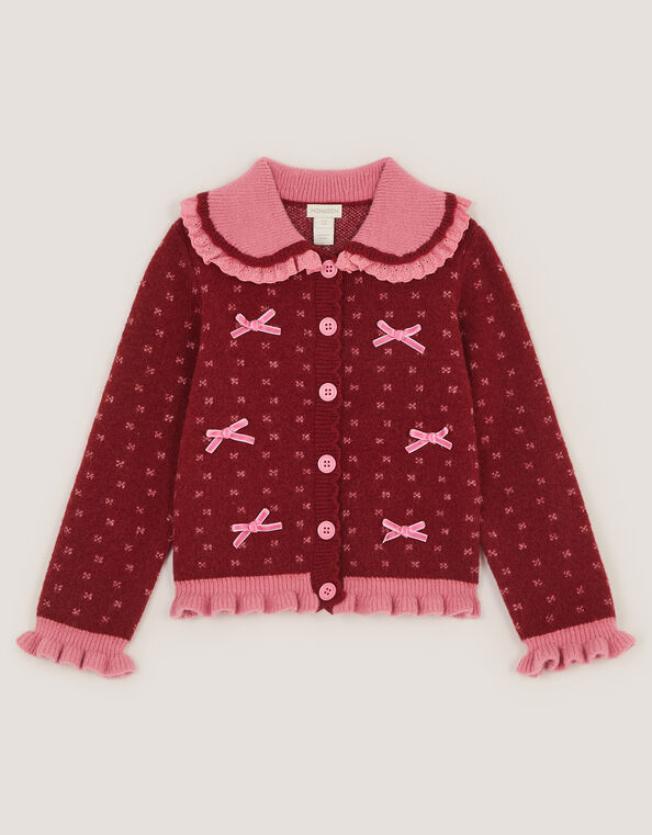 Frill Collar Bow Cardigan, Red (BURGUNDY), large