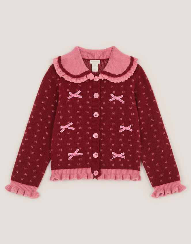 Frill Collar Bow Cardigan, Red (BURGUNDY), large