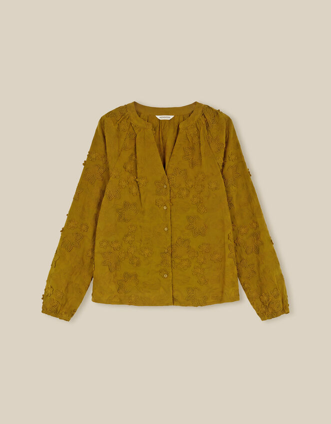 Luci Floral Embroidered Shirt, Green (KHAKI), large