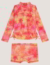 Palm Print UPF50+ Rash Vest Swim Set, Orange (ORANGE), large