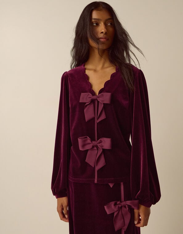 Buffy Bow Scallop Velvet Top, Red (BURGUNDY), large