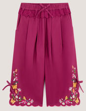 Floral Embroidered Scallop Trim Trousers, Pink (MAGENTA), large