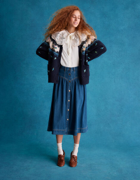 Tamsin Button Denim Midi Skirt , Blue (MID AUTHENTIC BLUE), large