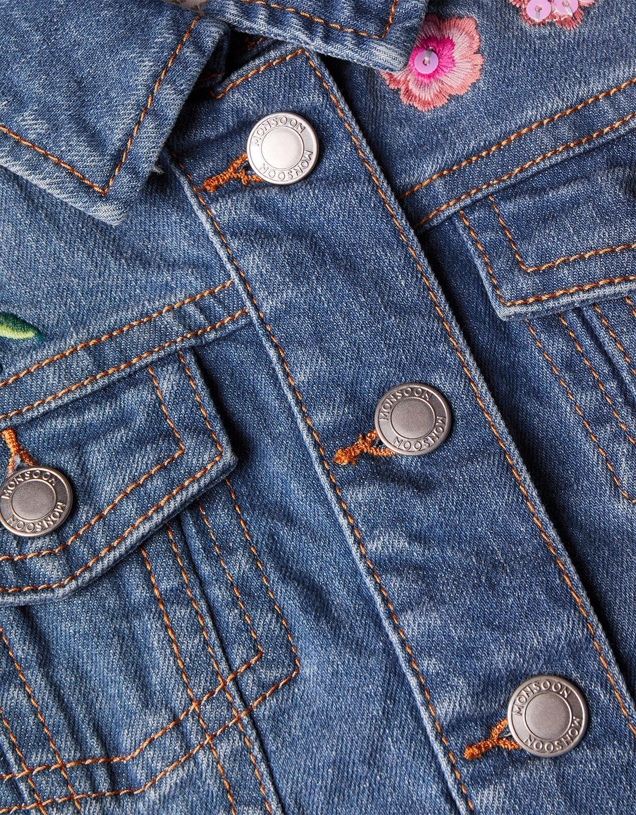 Flower Embroidered Denim Jacket Blue