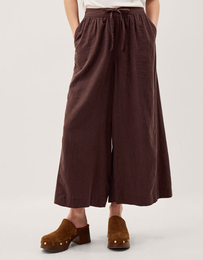 Maisie Linen Blend Crop Wide Leg Trousers, Brown (CHOCOLATE), large