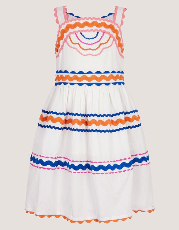 Ric Rac Embroidered Cotton Dress, White (WHITE), large
