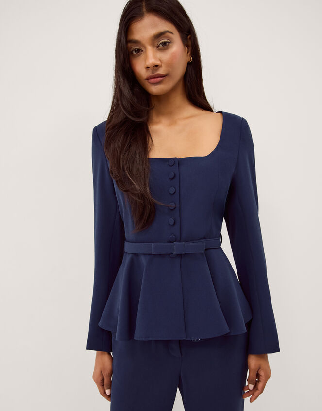 Erin Belted Peplum Jacket, Blue (NAVY), large