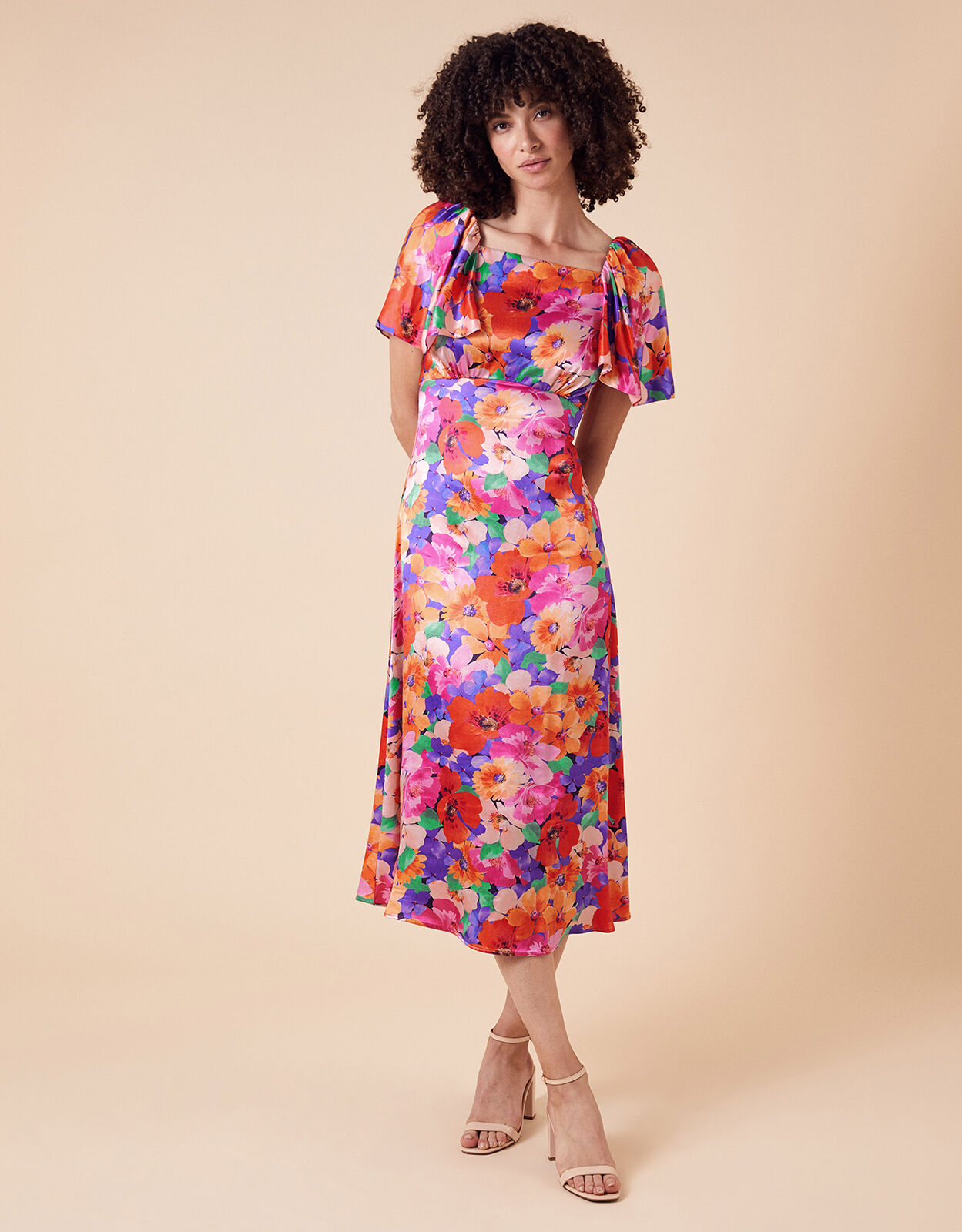 Lina Floral Satin Midi Dress Pink