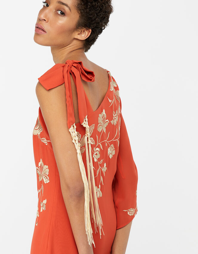 Pasty Floral Embroidered Fringe Dress, Orange (CORAL), large