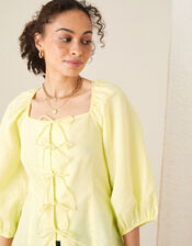 Tie Front Blouse in Linen Blend, Yellow (YELLOW), large