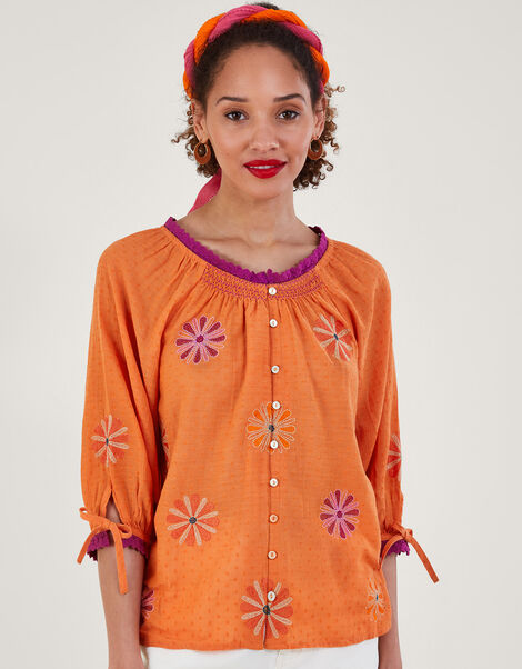 Floral Embroidered Button-Through Top, Orange (ORANGE), large