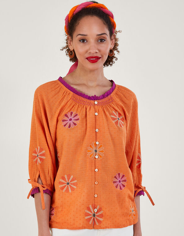 Floral Embroidered Button-Through Top, Orange (ORANGE), large