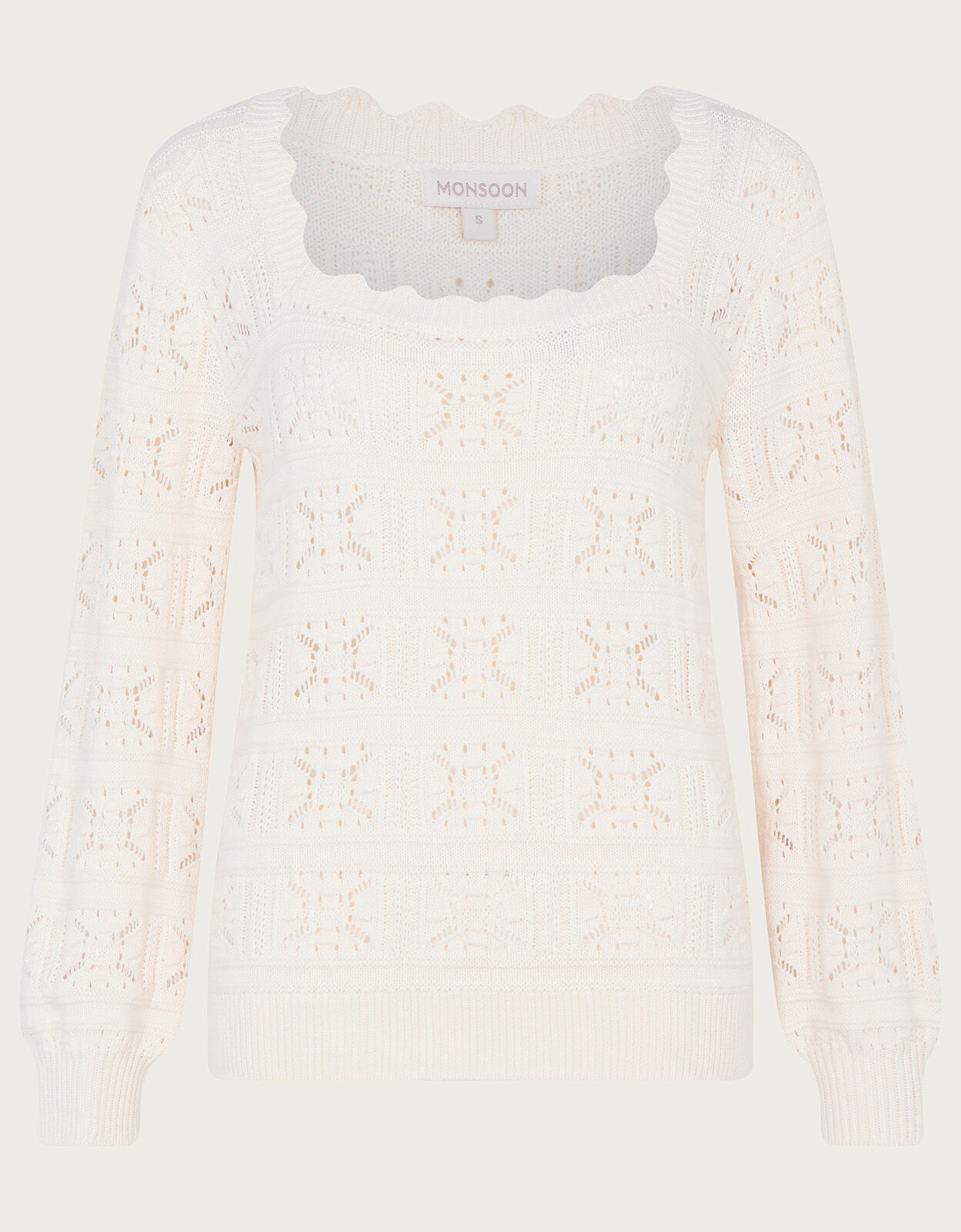 Square Neck Cotton Pointelle Jumper Ivory Knitwear Monsoon Global