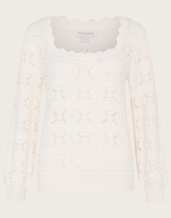 Square Neck Cotton Pointelle Jumper Ivory