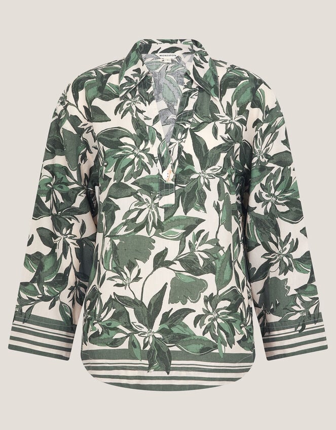 Clover Linen Blend Floral Print Blouse, Green (GREEN), large