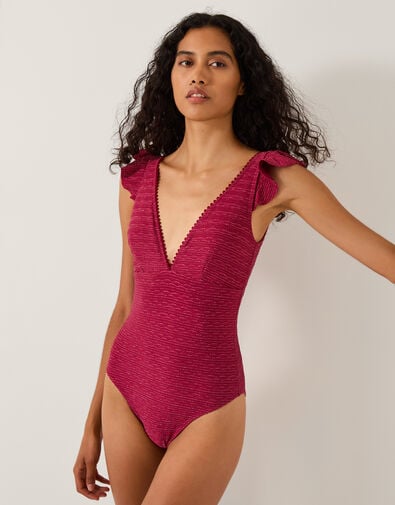 Kaylie Plunge Rib Ruffle Swimsuit, Red (BURGUNDY), large
