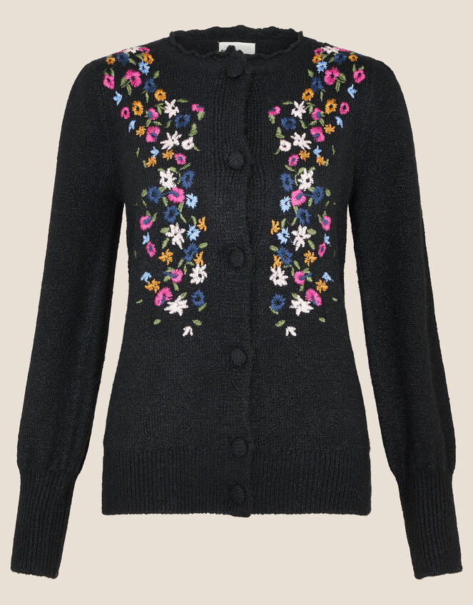 Embroidered Flower Cardigan, Black (BLACK), large