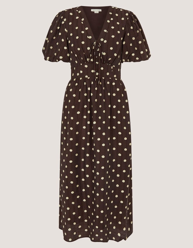 Paris Puff Sleeve Polka Dot Midi Dress, Brown (CHOCOLATE), large