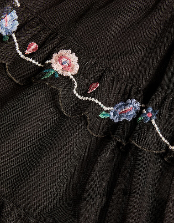 Embroidered Tier Mesh Dress in Recycled Polyester, Black (BLACK), large