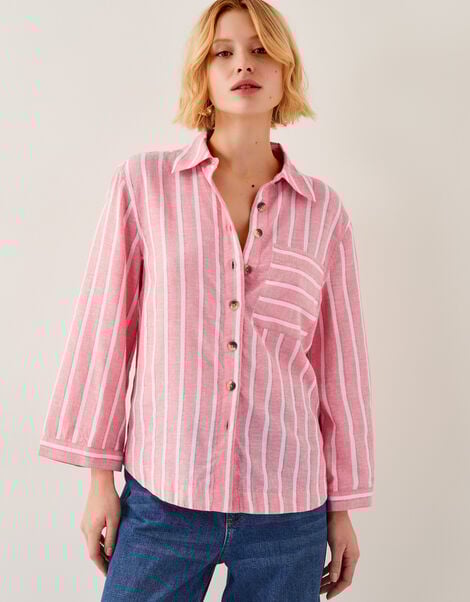 Tyra Linen-Blend Stripe Shirt, Pink (PINK), large
