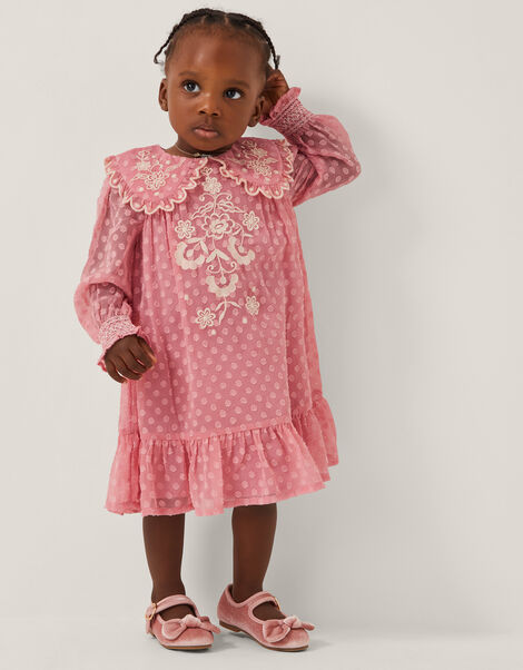 Baby Polka Dot Embroidered Collar Dress, Pink (PINK), large