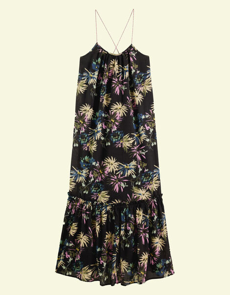 Scotch and Soda Print Tiered Maxi Dress Shorter Length Black, Black (BLACK), large