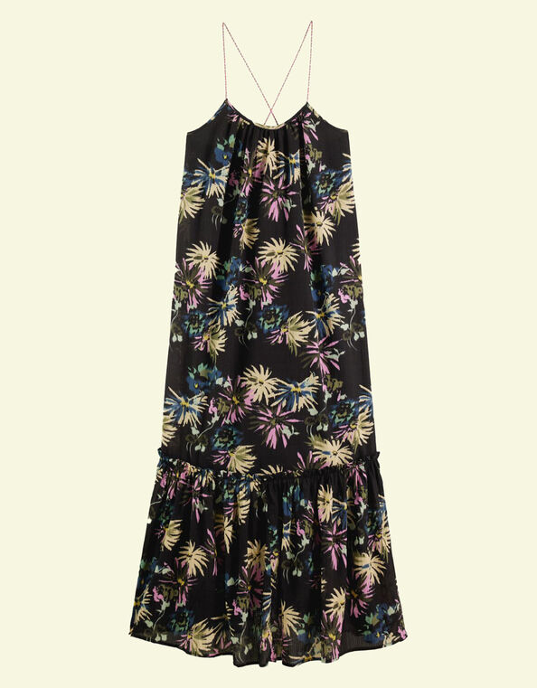 Scotch and Soda Print Tiered Maxi Dress Shorter Length Black, Black (BLACK), large