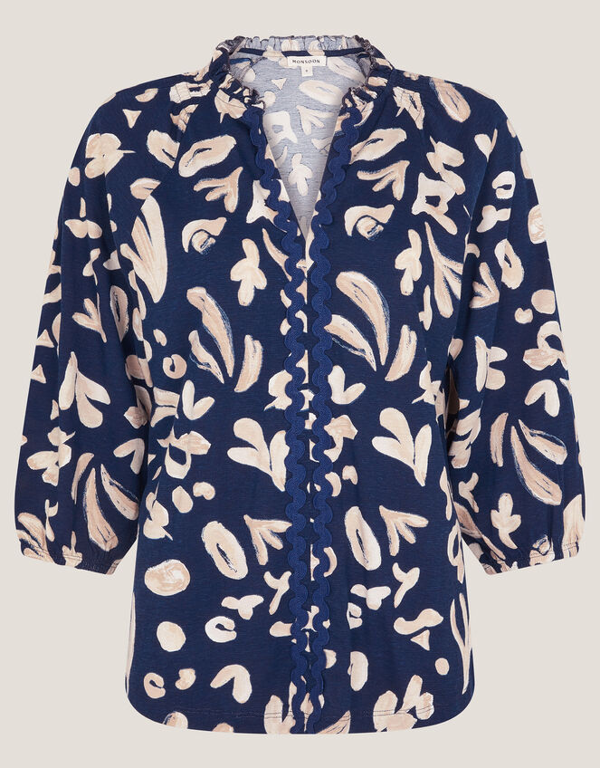 Rosie Abstract Print Jersey Blouse, Blue (NAVY), large