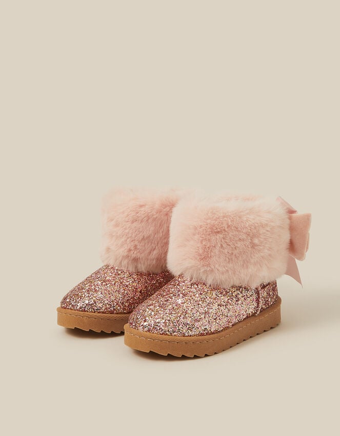 Bow Fluffy Glitter Boots, Pink (PINK), large