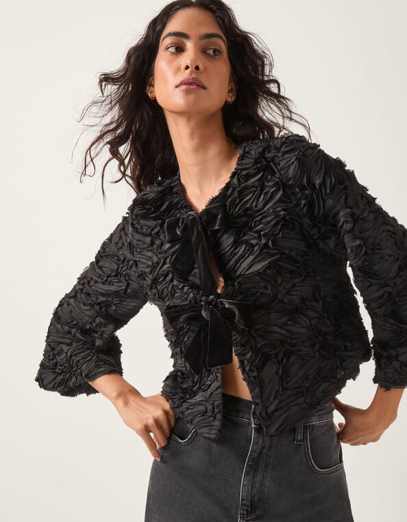 Tia Tie-Front Textured Jacket, Black (BLACK), large