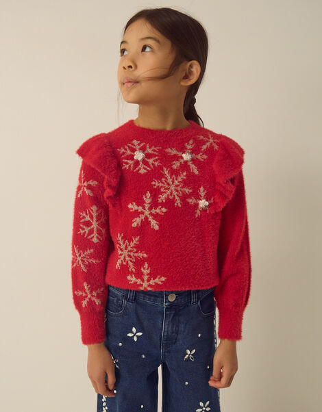 Cindy Ruffle Snowflake Jumper, Red (RED), large