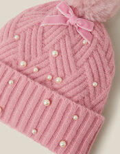 Pearl Cable Knit Bobble Hat, Pink (PINK), large