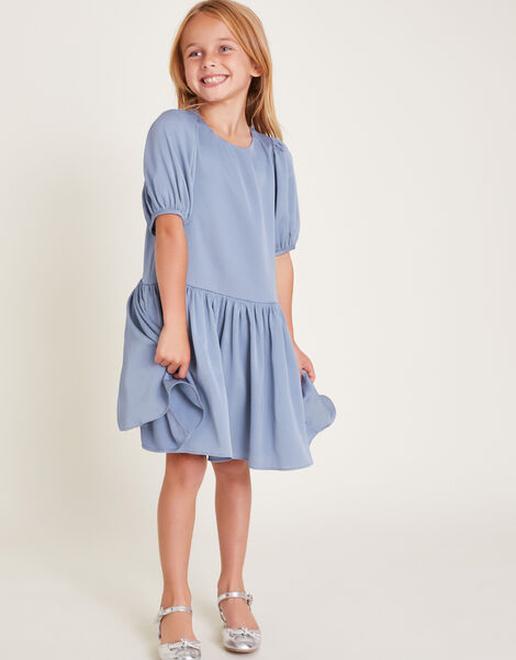 Textured Satin Puff Sleeve Dress, Blue (BLUE), large