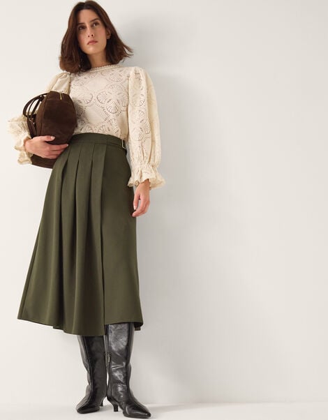 Jillian Pleated Kilt Midi Skirt , Green (KHAKI), large