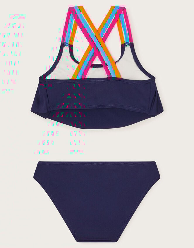 Cross-Back Strap Frill Bikini Set, Blue (NAVY), large