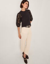 Flavia Sheer Appliqué Sleeve Top, Black (BLACK), large