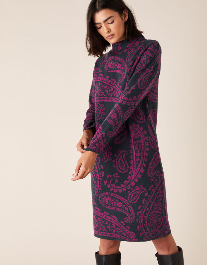 Paisley Jacquard Knit Dress, Blue (NAVY), large