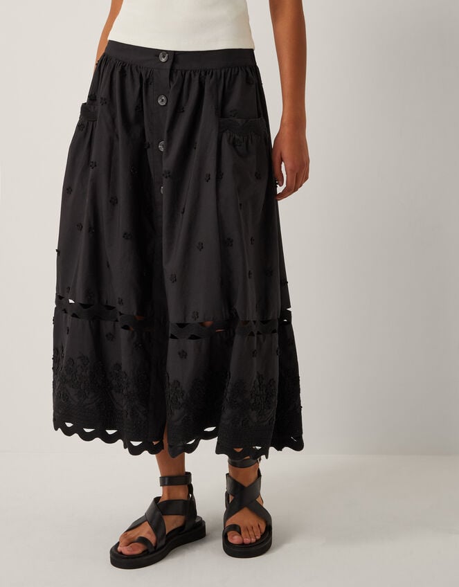 Esme Floral Appliqué Midi Skirt, Black (BLACK), large