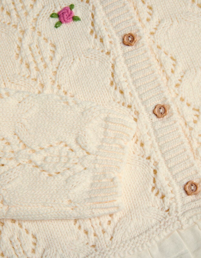 Embroidered Frill Pointelle Cardigan, Ivory (IVORY), large