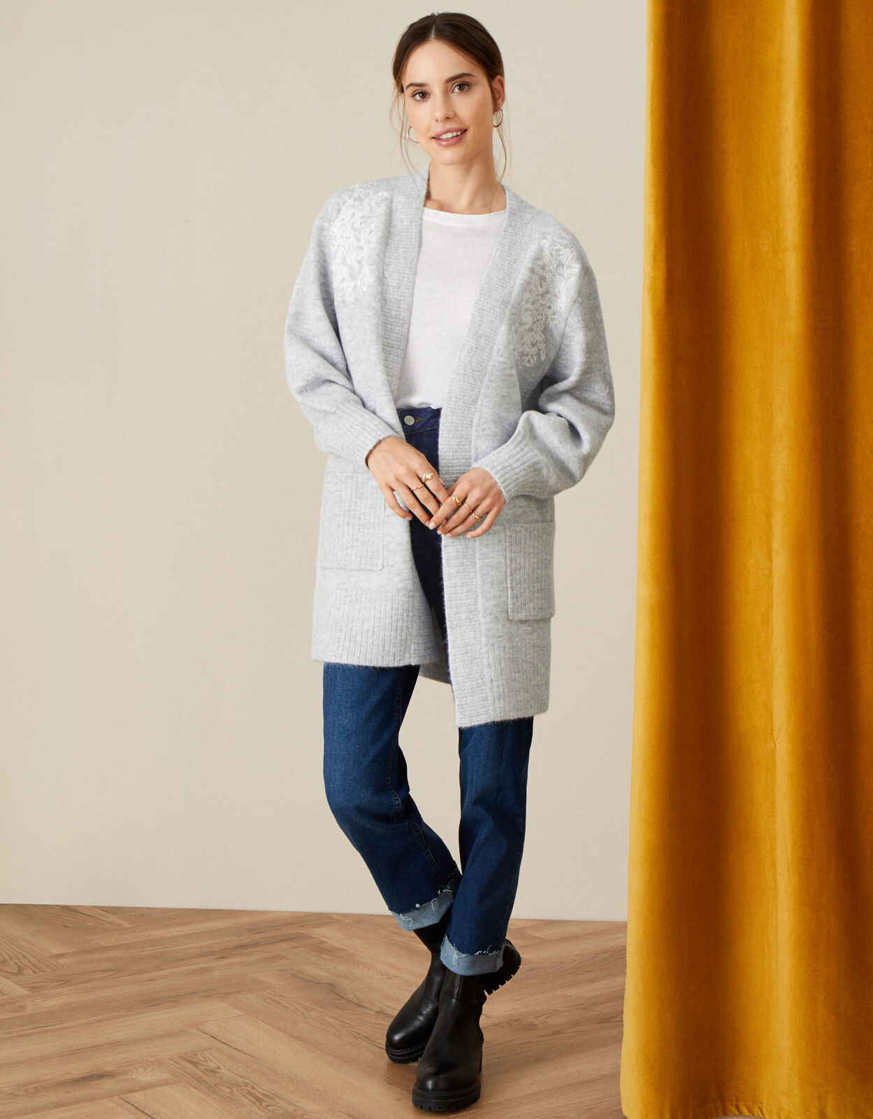 Isabella Embroidered Cosy Cardigan Grey