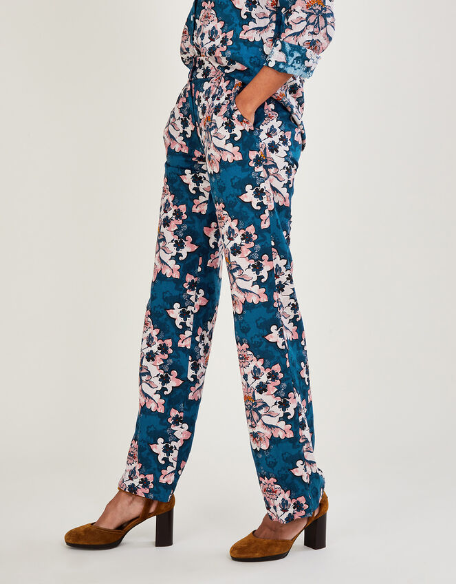 Mackenzie Print Trousers in Linen Blend, Teal (TEAL), large
