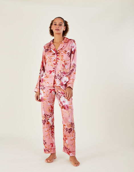 Foil Floral Print Satin Pyjama Set Pink, Pink (PINK), large