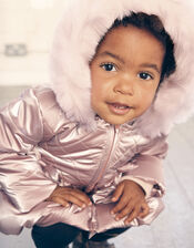 Baby Metallic Frill Puffball Coat, Pink (PINK), large